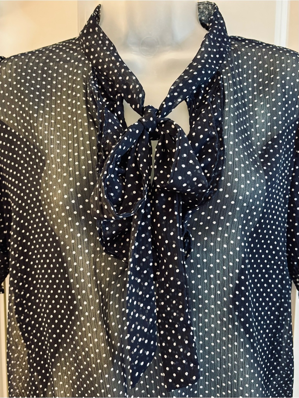 Jennifer & Grace Blouse Black White Polka Dot sheer puff ruffle tie elastic XL - Picture 8 of 8